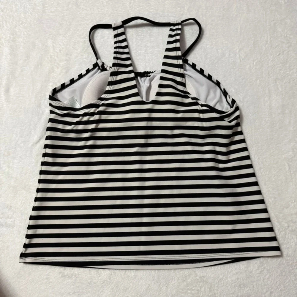 Kona Sol Tankini Top Women Medium Black White Striped Blouson Strappy Back Beach